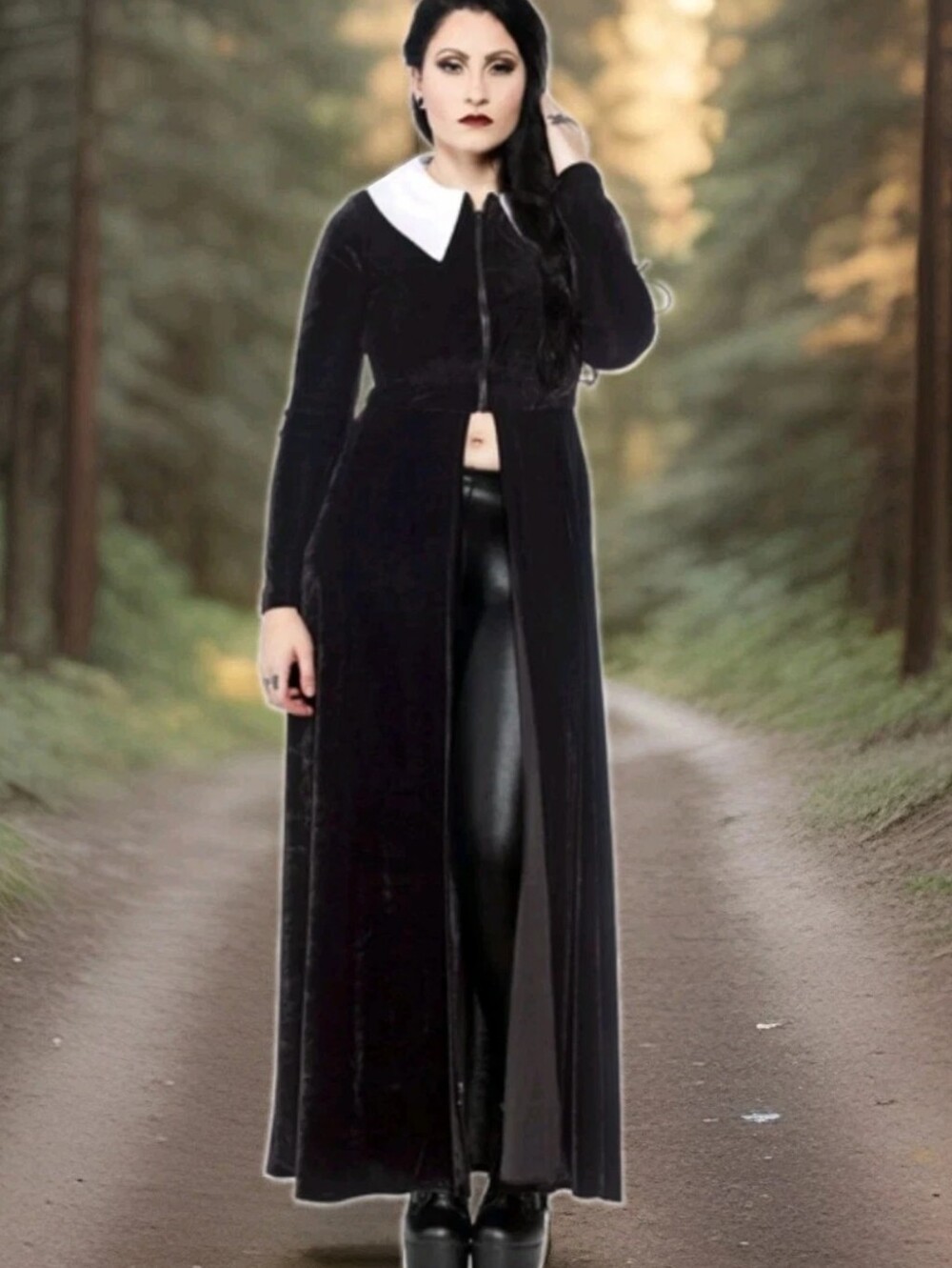 Folter High Priestess Coat Black Velvet Halloween Costume Witch Wednesday Addams